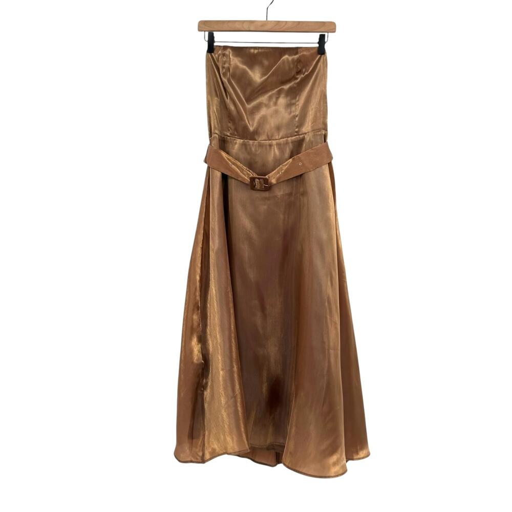 Lulu’s NWT Chicly Stunning Shiny Brown Organza Strapless Belted Midi Dress - Picture 10 of 14